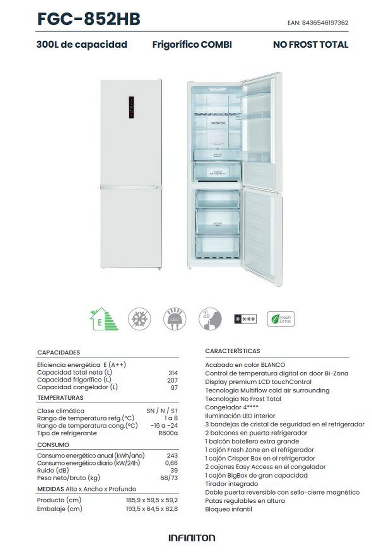 Frigorífico Combi Infiniton FGC-852HB - Blanco, 300 litros, A++/E