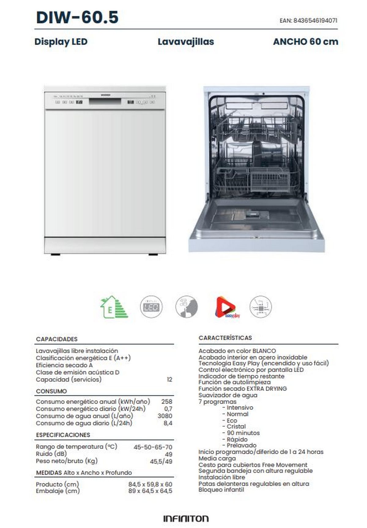 Lavavajillas 60 Clase E 12 Cubiertos INFINITON DIW60.5.-Centro Hogar Sánchez