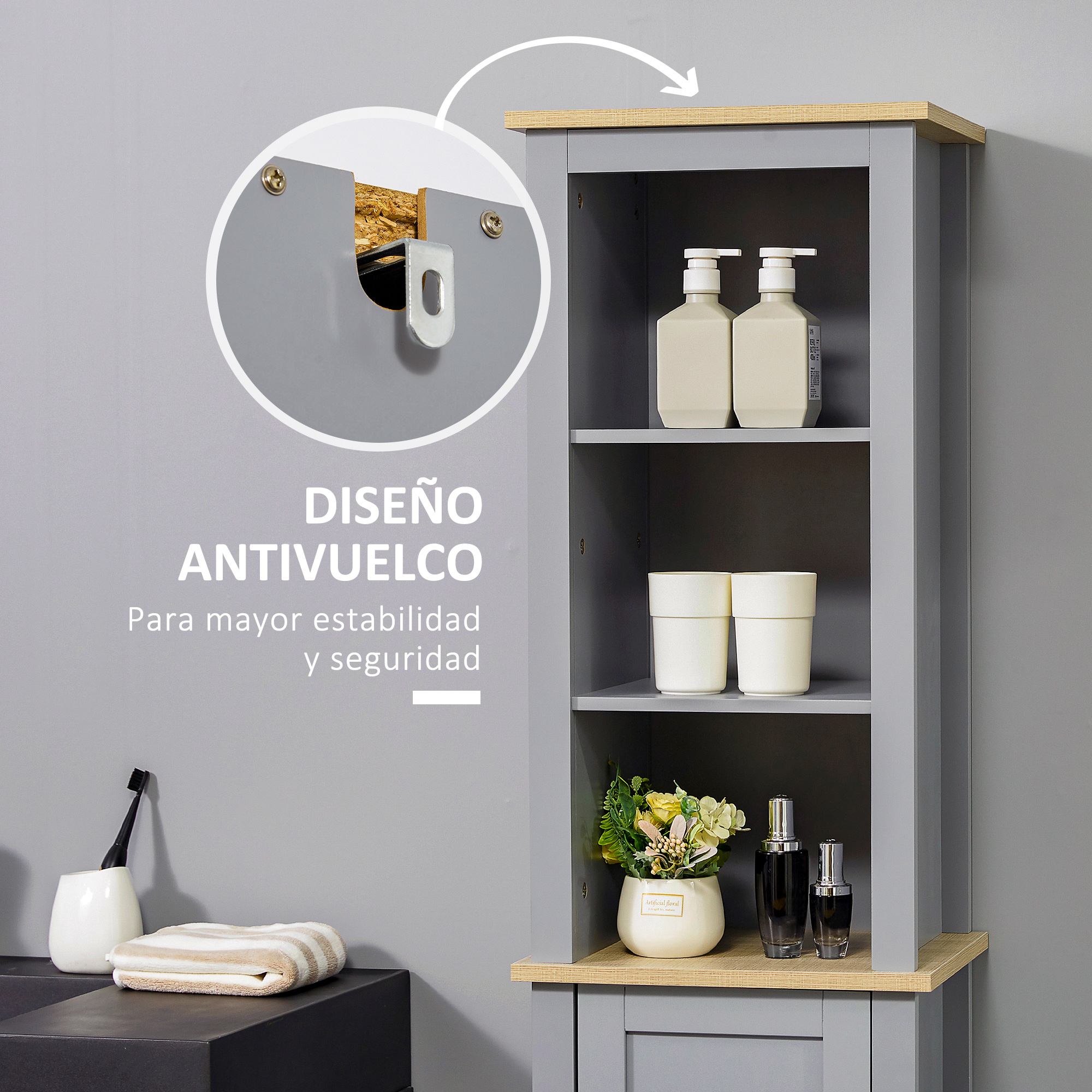 Armario alto de baño Kleankin gris 39x30x168 cm MDF