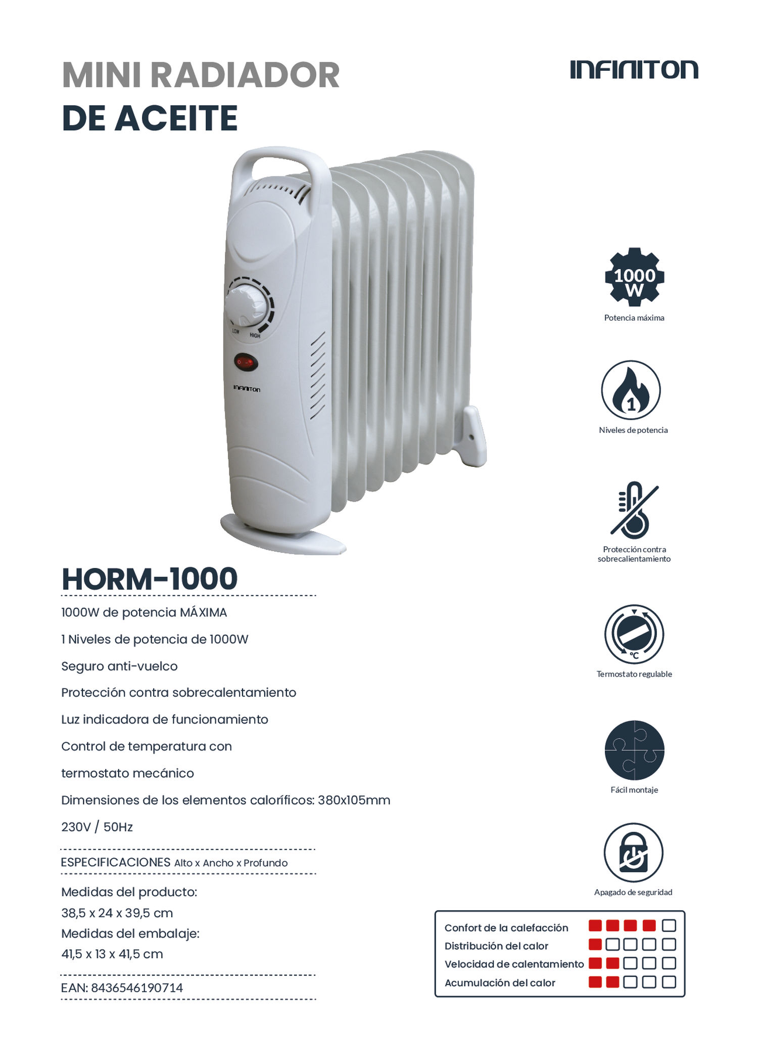 Radiador de aceite Infiniton HOR-1000 1000w 3 niveles antivuelco