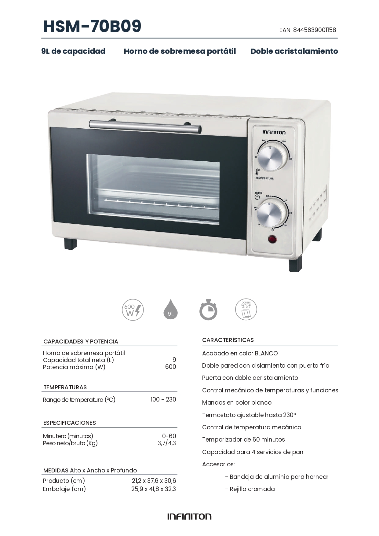 Infiniton HSM-70B09 Horno Sobremesa 9L 600W Blanco