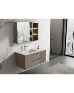 Conjunto mueble greige, lavabo en resina y mueble con espejo LED