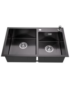 Fregadero de cocina con 2 senos de acero inoxidable, fregadero gris-negro d