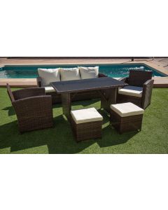 Sofá + mesa + 2 sillones+ 2 pufs de ratán. Muebles de jardín y terraza