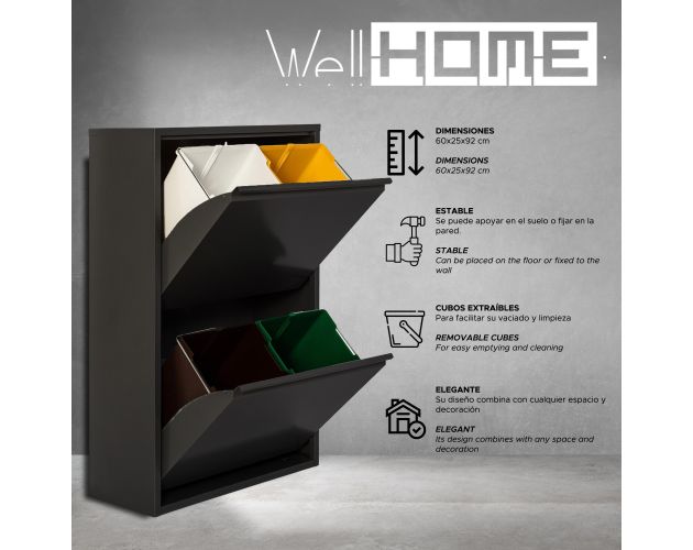 Wellhome cubo de basura y reciclaje negro con 4 compartimentos de 17l c u Brico Depot