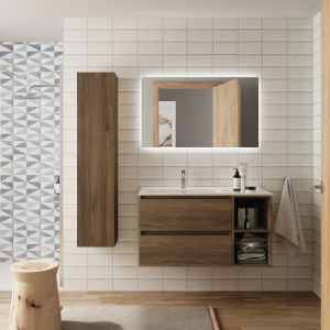 Mueble baño bequia 90cm + coqueta derecha + lavabo cerámica| nogal