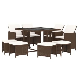 vidaXL set de comedor jardín 9 pzas y cojines ratán sintético marrón