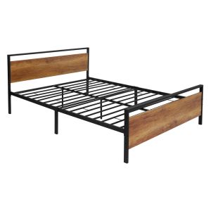 Cama metálica negra individual con cabecero y piecero de madera