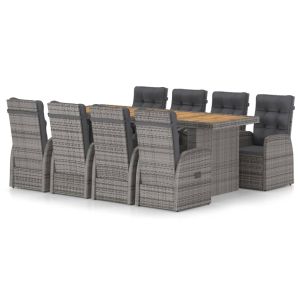 vidaXL set de comedor de jardín 9 pzas y cojines ratán sintético gris