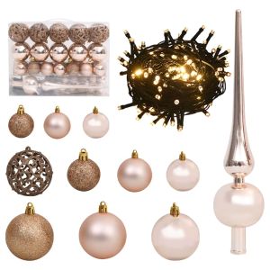 vidaXL set de bolas de navidad 61 pzas con pico 150 LED oro rosa