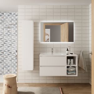 Mueble baño bequia 100cm + coqueta derecha + lavabo cerámica| blanco