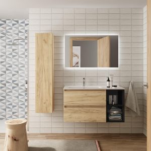 Mueble baño bequia plus 90 cm roble y coqueta derecha negra con lavabo