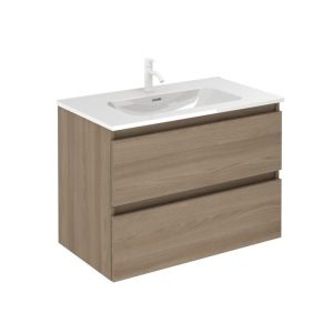 Conjunto mueble baño suspendido con 2 cajones + lavabo 【ancho 80】【nogal】