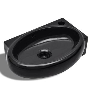 vidaXL lavabo redondo de cerámica con orificio de grifo/desagüe negro