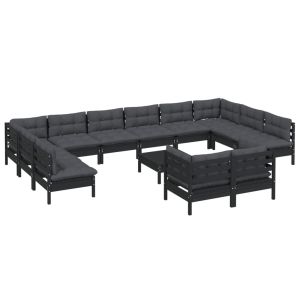 vidaXL muebles de jardín 13 pzas con cojines negro madera de pino