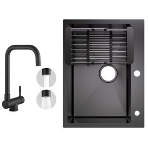 Fregadero de cocina 60x45 cm con escurridor negro antracita + grifo monoman