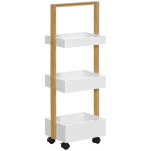 Carrito auxiliar bambú, mdf color blanco 28x18x75 cm Homcom, hogar - baño