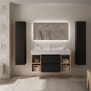 Mueble baño bequia plus 120 cm negro y 2 coquetas laterales roble+lavabo