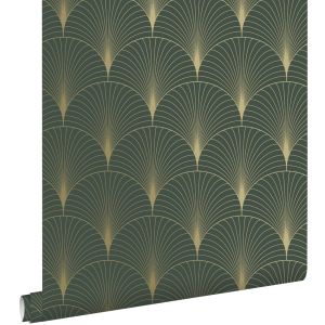 Estahome papel pintado arte deco verde oscuro y oro - 0.53 x 10.05 m