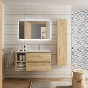 Mueble baño bequia plus 90 cm y coqueta izquierda roble con lavabo