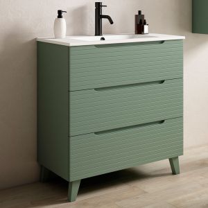 Mueble baño y lavabo boreal 80x45cm acabado verde lago mate 3 caj. C/patas