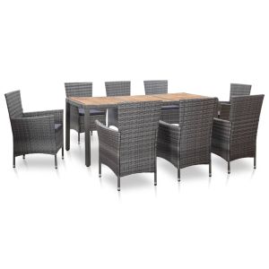 vidaXL set de comedor de jardín 9 pzas y cojines ratán sintético gris