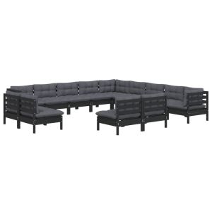 vidaXL muebles de jardín 13 pzas y cojines negro madera maciza de pino