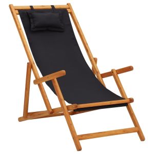 vidaXL silla de playa plegable madera maciza de eucalipto y tela negra