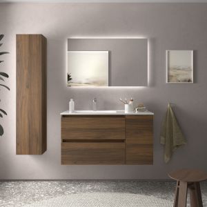 Mueble baño bequia 90cm + coqueta derecha + lavabo cerámica| nogal