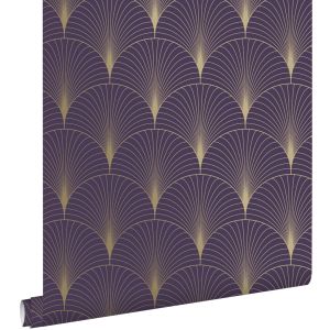 Estahome papel pintado arte deco morado oscuro y oro - 0,53 x 10,05 m