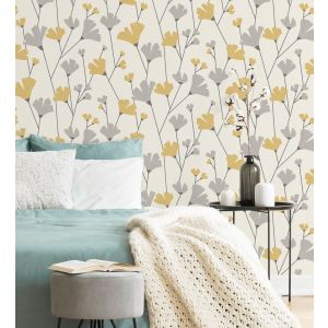 Papel pintado gaulan lavable de flores silvestre gris y mostaza 5.23m²