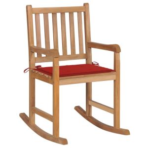 vidaXL silla mecedora de madera maciza de teca con cojín rojo