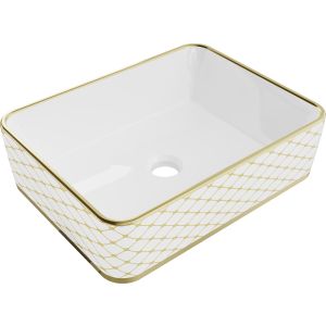 Lavabo cerámico sobre encimera, 48x37x13 cm, blanco/dorado