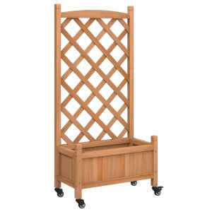 vidaXL jardinera con enrejado y ruedas madera maciza de abeto marrón