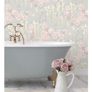 Papel pintado gaulan   rosas coral y amarillas  gris 5.23m²