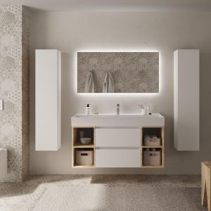 Mueble baño bequia plus 120 cm blanco y 2 coquetas laterales roble+lavabo