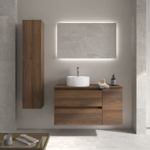 Mueble baño bequia 90cm + coqueta reversible + encimera + lavabo | nogal