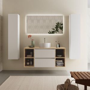 Mueble baño bequia plus 120cm blanco y 2 coquetas roble + lavabo +encimera