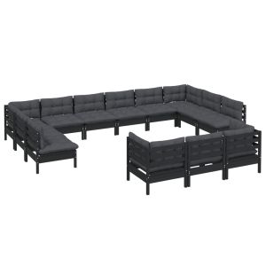 vidaXL muebles de jardín 13 pzas con cojines negro madera de pino