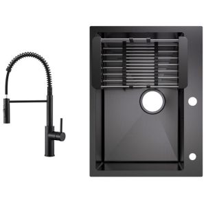 Fregadero de cocina 60x45 cm con escurridor negro antracita + grifo monoman