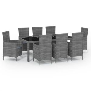 vidaXL set de comedor de jardín 9 pzas y cojines ratán sintético gris