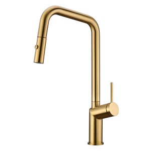 Grifo de cocina  extensible, caño alto giratorio 360° oro cepillado