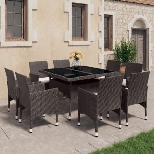 vidaXL set de comedor de jardín 9 pzas ratán pe vidrio templado marrón