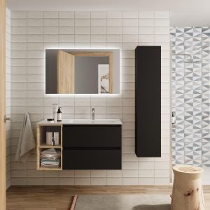 Mueble baño bequia plus 90 cm negro y coqueta izquierda roble con lavabo