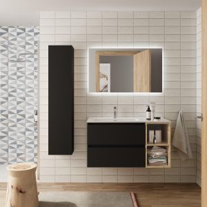 Mueble baño bequia plus 100 cm negro y coqueta derecha con lavabo