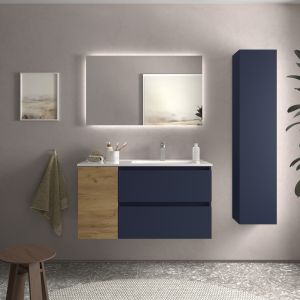 Mueble baño bequia 100cm + coqueta izquierda + lavabo cerámica| azul/ roble