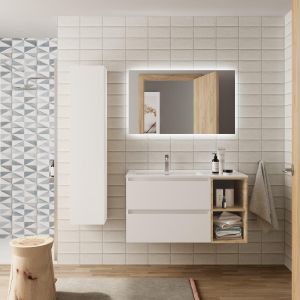 Mueble baño bequia plus 100 cm blanco y coqueta derecha con lavabo