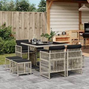 vidaXL set comedor de jardín 9 pzas cojines ratán sintético gris claro