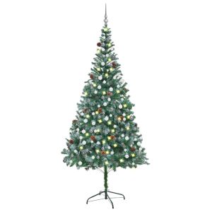 vidaXL árbol de navidad helado con luces, bolas y piñas 210 cm