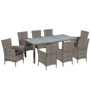 vidaXL set de comedor de jardín 9 pzas y cojines ratán sintético gris